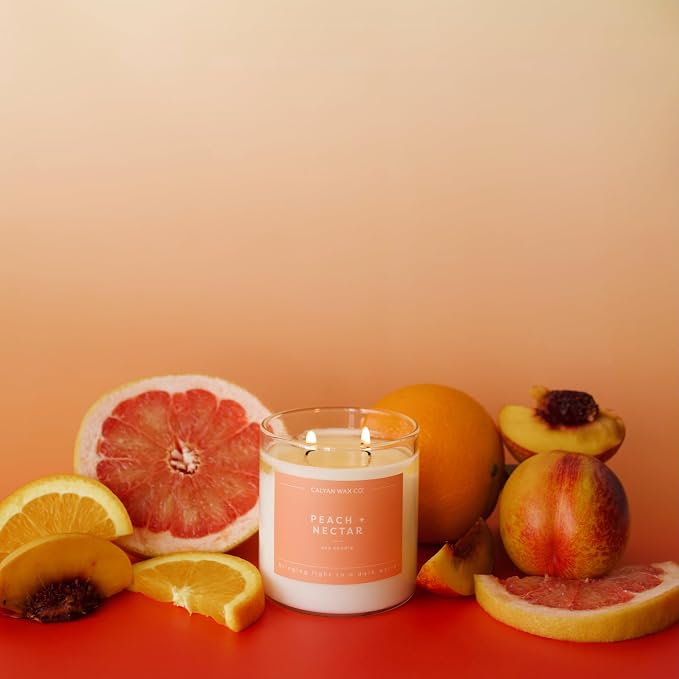 Calyan Wax Co. Peach & Nectar 2 Wick Scented Candle - 37 Hour Burn - Luxury Clean Soy Wax Candles - Long Lasting Large Glass Jar Candle for Home - 8.8oz