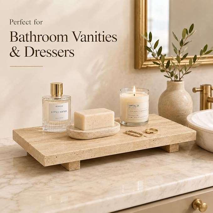 Travertine Pedestal Decorative Tray 13.8 x 6.7 in | Vanity Tray for Perfume, Jewelry, Keys and Candles, Catchall Tray for Bathroom Counter, Dresser and Entryway Decor