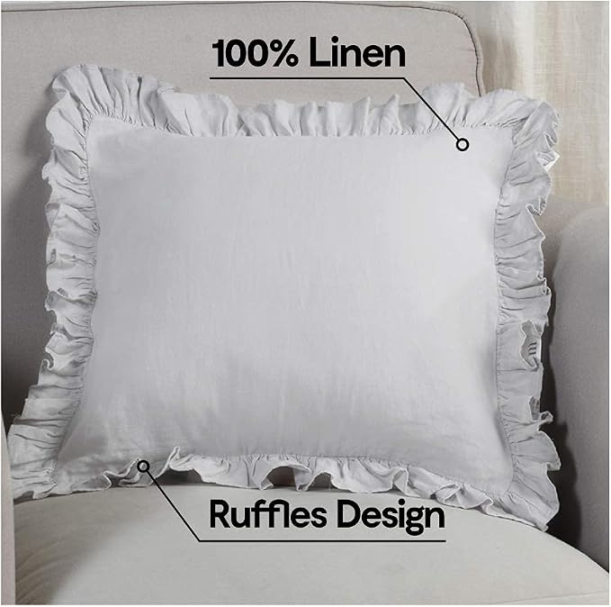 100% French Linen Throw Pillow Covers - Set of 2 - Washed Flax Decorative Ruffled Square Cushion Cover Solid Color Soft Breathable - Grey, 18'' x 18''