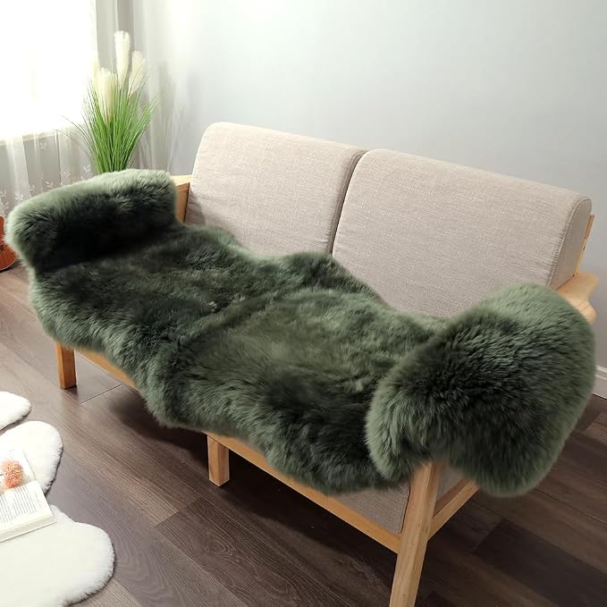 IRIWOOL Premium Genuine Fur Sheepskin Rug Real Australia Sheepskin Natural Luxury Fluffy Lambskin Fur Area Rug Seat Covers for Kids Bedroom Sofa Chair Cover (Military Green, Double Pelt/2ft x 6ft)