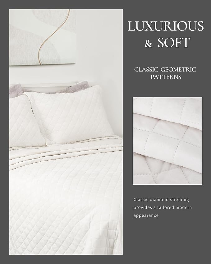 Luxury Velvet King Quilt Set, Ultra Soft Lightweight Cream White Velvet Comforter Set, Oversized Bedspread Coverlet with 2 Shams Diamond Pattern, for All Season
