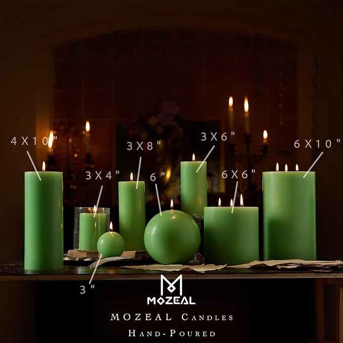 MOZEAL Hand-Poured, 6 Inch Green Large Round Ball Candles - Elegant Green Round Pillar Candles, Dripless, Unscented, Smokeless, Ideal for Spring Celebrations.