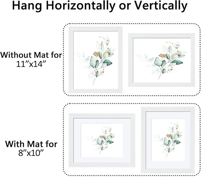 CORE ART 11x14 White Picture Frame Set of 2,Display Pictures 8x10 with Mat or 11 x 14 without Mat,Multi Photo Frames Collage for Wall or Tabletop Display