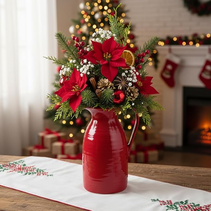 hjn hjn Farmhouse Pitcher Vase for Flowers- Ceramic Pitcher Vase Red Decorative Pitcher for Your Kitchen/Home Decor/Office/Living Room/Bookshelf/Mantel/-Red
