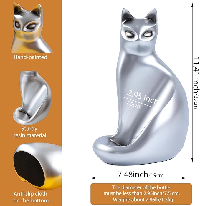 Tabletop Wine Rack Elegant Cat Shaped, Cat Decor Resin Wine Bottle Holder, Decorative Wine Storage for Home Bar, with Packaging for Cat Lovers Women, Silver