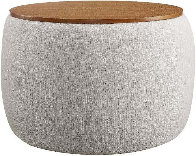 Modway Perla 26 Inch Round Storage Ottoman with Tray Lid in Ivory Fabric -Heathered Fabric Ottoman - Versatile Footrest - Woven Coffee Table - Side Table - for Living Room