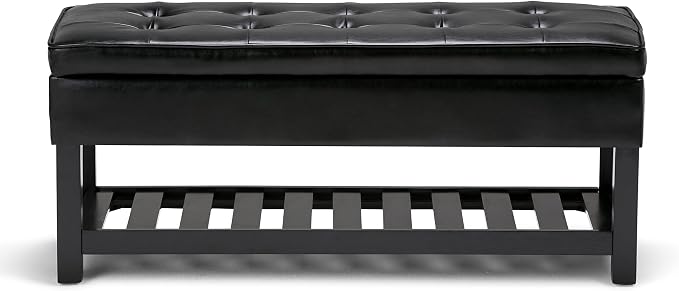 SIMPLIHOME Cosmopolitan Storage Ottoman Bench - 44 inch Wide Upholstered Vegan Leather Rectangle Storage Ottoman in Midnight Black, Transitional Bench for Bedroom with Tufted Lift-Top and Open Shelf