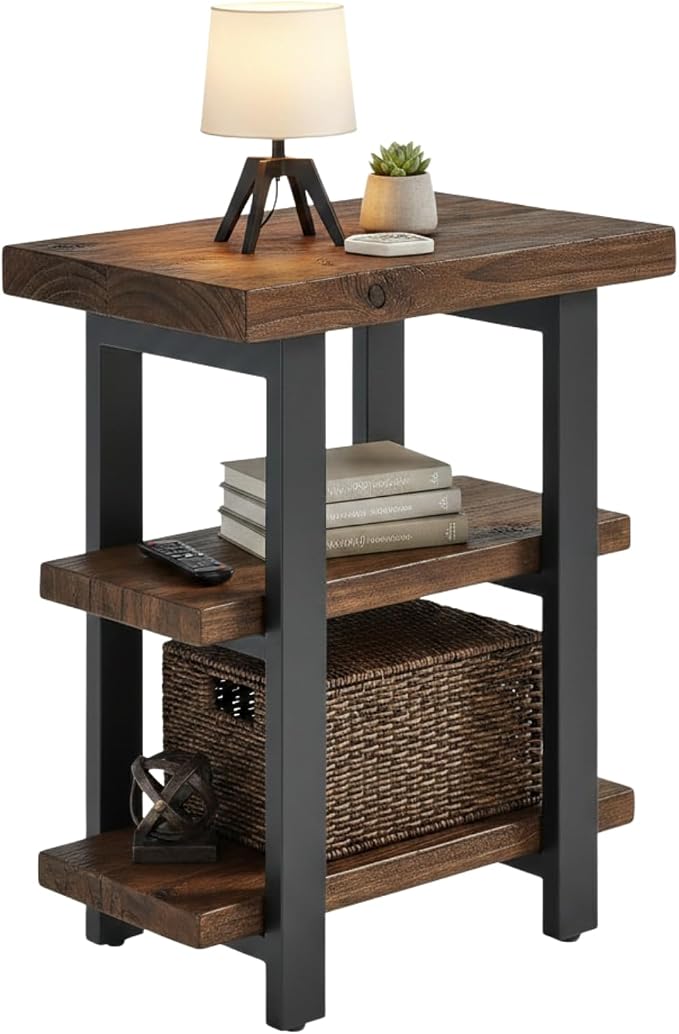 Alaterre Furniture Pomona Solid Wood 3-Tier End Table, Rustic Brown, 20” | Small Side Table or Nightstand with Storage Shelf and Metal Legs, Rustic Farmhouse Chair Side Table for Living Room & Bedroom