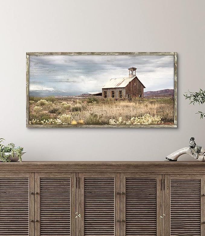 Farmhouse Wood Wall Art Picture: Framed Old Barn Print Decor Large Rustic Farm Landscape Country Artwork Panoramic Horizontal Nature Scene Rural Countryside Painting for Living Room Bedroom