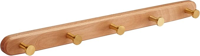 Coat Rack Wall Mounted,Beech Wood Heavy Duty Wall Hooks, Metal Coat Hook Rail with 5 Hooks for Hanging Coats, Backpacks,Towels, Bags, Dog Leashes, Entryway, Bathroom, Bedroom