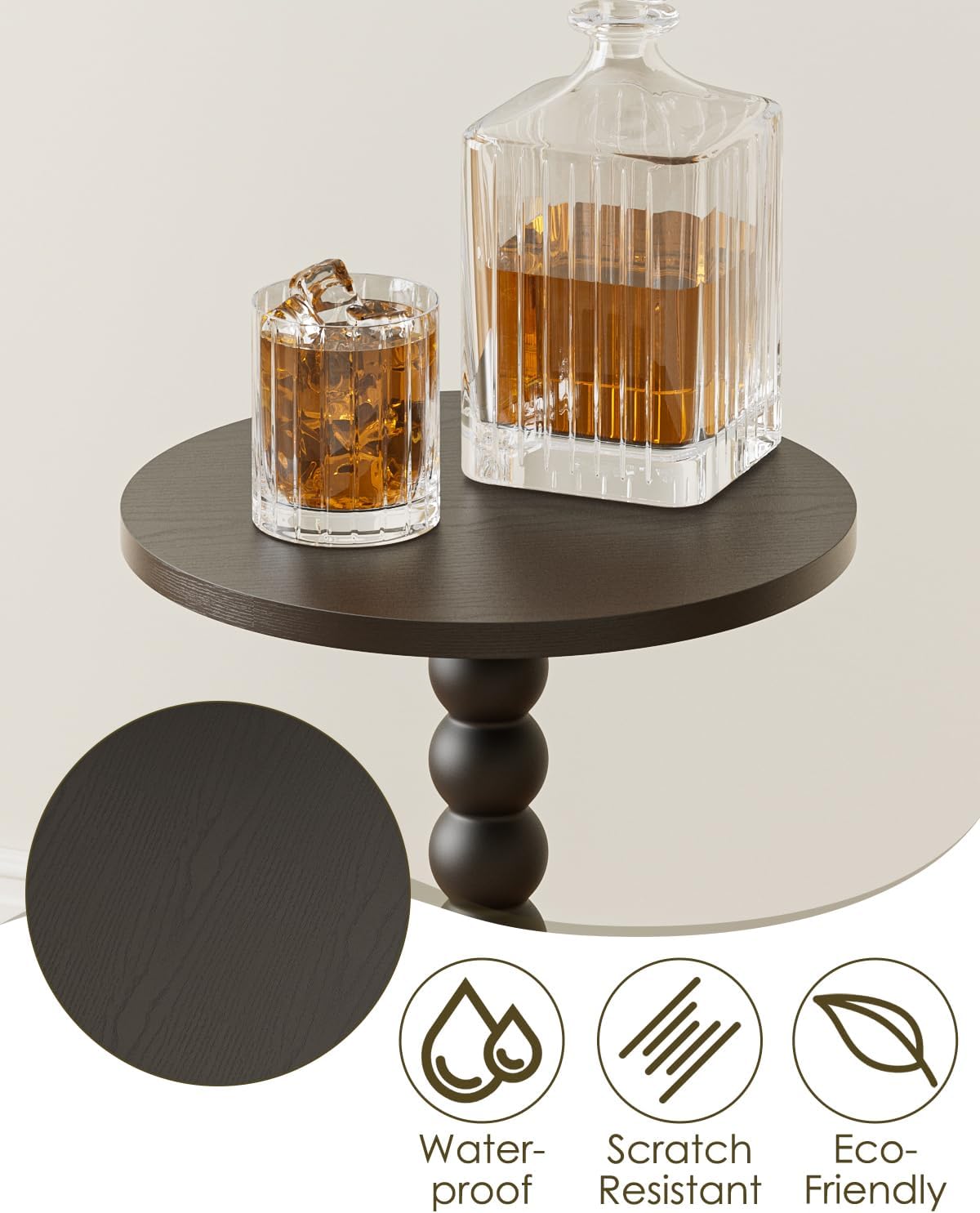 Masupu Round Side Table, Small End Table for Small Spaces, Pedestal Drink Table with Solid Wood Leg for Living Room, Bedroom, Corners(Black)