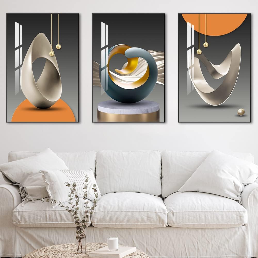 MPLONG Wall Art, Bright Style Framed Wall Art, Abstract Modern Art Shape Pattern White Blue Yellow Grey Wall Art Artfully Matching Living Room Bedroom Office Wall Decor - 20"x 28"x 3 Panels