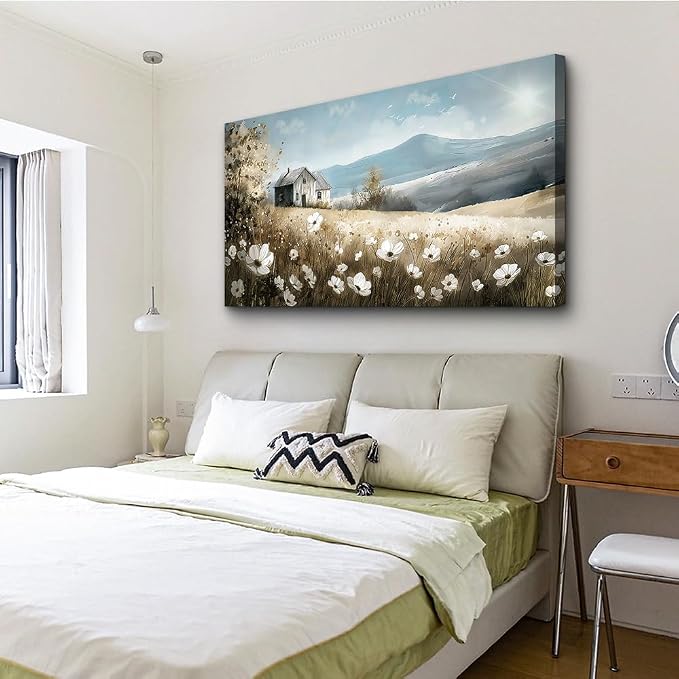 Wapluam Large Canvas Wall Art For Living Room Wall Decor For Bedroom Office Decorations Watercolour Wall Paintings Stretched And Framed Farmhouse Old house Scenery Pictures Artwork Hanging Home Decor