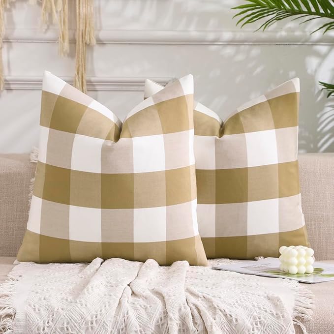 CARRIE HOME Brown Buffalo Check Plaid Couch Pillow Covers 18x18 Set of 2, Neutral Modern Farmhouse Dark Brown Khaki Tan Throw Pillows 18 x 18 for Living Room Sofa (No Pillow Inserts)