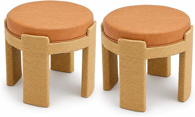 Round Ottoman Set of 2, Boho Hand-Woven Rope Upholstered Ktichen Vanity Chairs Accent Stool Fully Assembled for Bedroom Living Room, Brown Leather