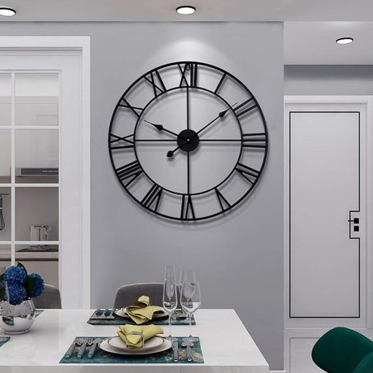 LEIKE 16" Large Wall Clocks Battery Operated, Round Modern Silent Non-Ticking Black Metal Wall Clock for Living Room Decor, Bedroom Kitchen (40cm Diameter, Black Roman Number)