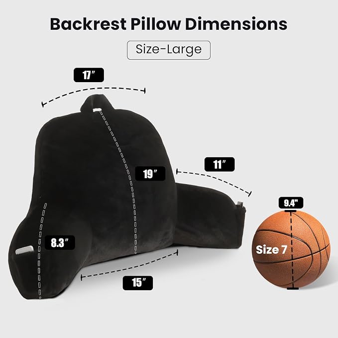 Large Plush Backrest Pillow for Sitting in Bed,Faux Fur,Black | 19" Back Pillow with Arms Supports Adults,College Students,Elbows & Forearms for Dorm Reading,Gaming,Watching TV