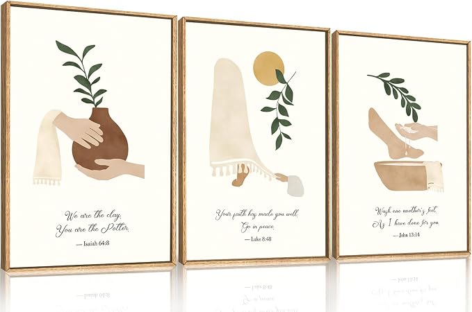 HPNIUB Christian Boho Framed Canvas Wall Art Set,Minimalist Beige Green Botanical Wall Decor,Vintage Bible Verse Art,Neutral Jesus Scripture Art Print for Living Room,Bedroom,Prayer Room-24"x36"x3
