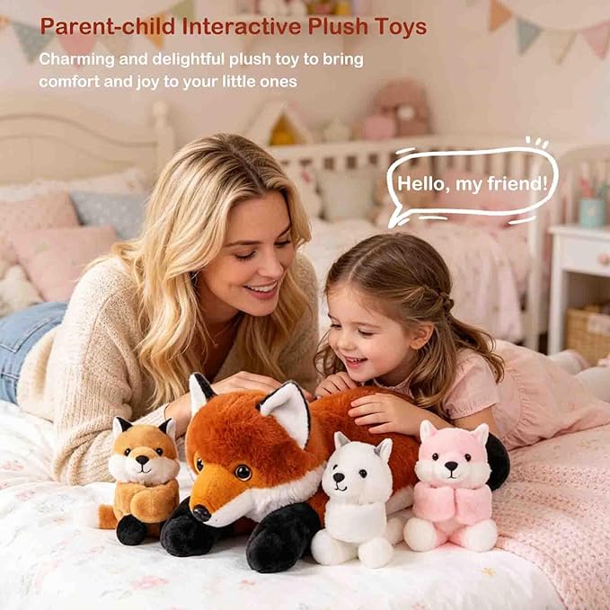 4 in 1 Fox Stuffed Animal Plush, 19" Large Mommy Stuffed Red Fox Toy with 3 Baby Stuffed Foxes Inside, Huggable Fox Plushies Pillow Gifts for Kids Christmas Birthday Party Favor