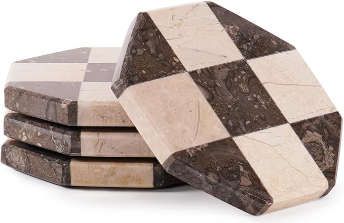 Marble Coasters Set of 4, Oceanic & Verona Handmade 4 inch Star Stone Coaster, Decorative Checkered Cup Coaster for Coffee Table, Housewarming Gift & Luxury Kitchen Accessories