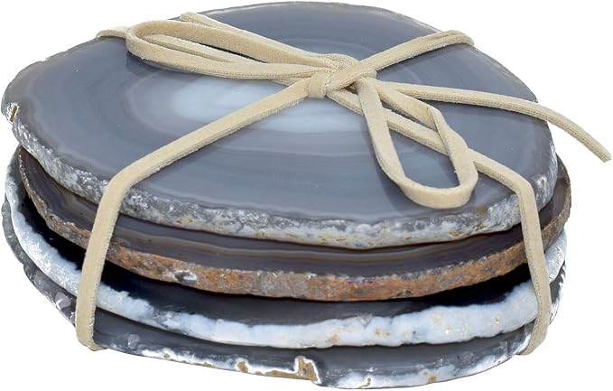 Nature's Decorations Natural Agate Stone Coasters - Set of 4 Polished Geode Drink Mats for Dining & Coffee Table & Kitchen Decor No Dye 3.5-4" Diameter