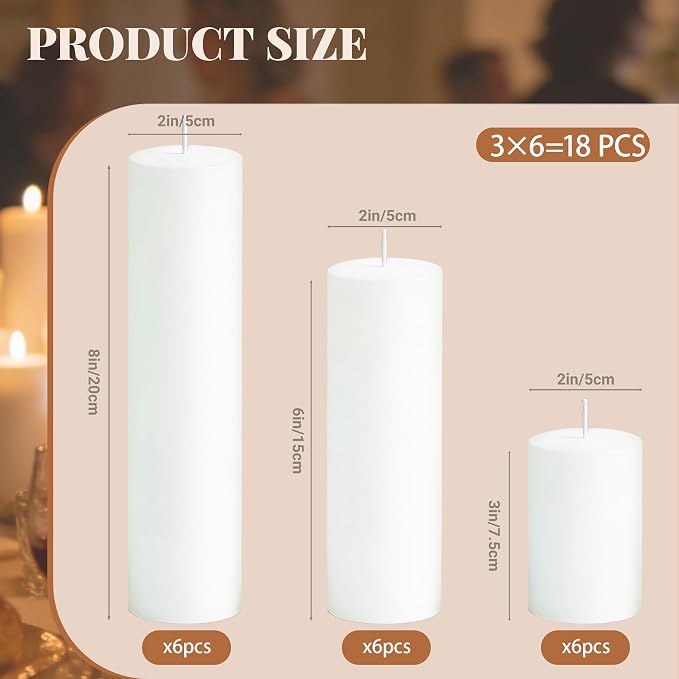 18 Pcs White Pillar Candles Bulk Set, 2x3” 2x6” 2x8” Paraffin Hurricane Candles, Unscented Dripless Smokeless, Long Burning for Party Wedding Events Home Decor