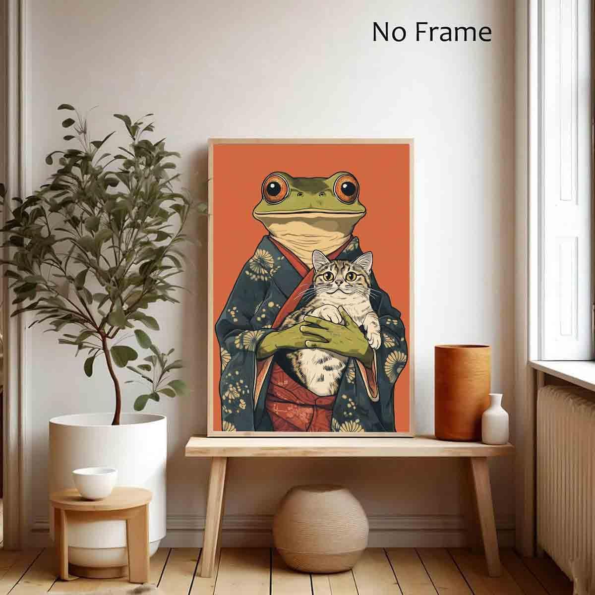 Japanese Frog Wall Art Funny Frog Posters Cute Cat Poster Japanese Cat Poster Funny Animal Wall Art Retro Animal Prints Whimsical Prints Aesthetics Vintage Abstract Painting Decor 16x24inch No Frame