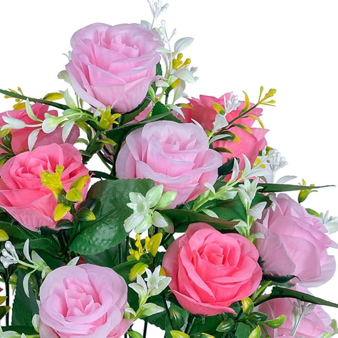 DONODA 2 Sets of Artificial Cemetery Flowers， Outdoor Grave Decorations Roses，Accompanied by 2 Long Nail Vases，Lasting and Non-Bleed Colors. (18 Heads (Pink+Light Pink))