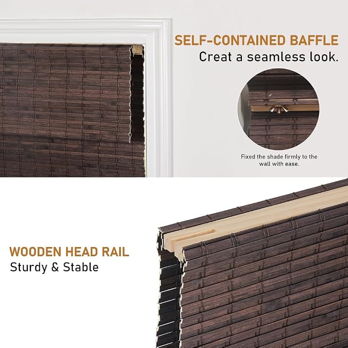 SEEYE Cordless Bamboo Roman Shades, Blackout Natural Bamboo Blinds for Indoor Windows, Roll Up Blind Privacy Shade for Home, Office, Door, UV Resistant & Easy to Install, 44" W x 64" H, Brown