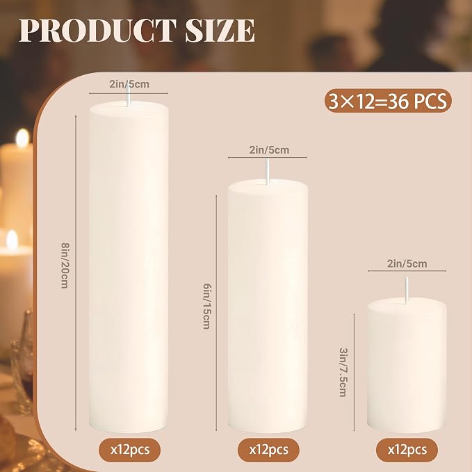 36 Pcs Ivory Pillar Candles Bulk Set, 2x3” 2x6” 2x8” Paraffin Hurricane Candles, Unscented Dripless Smokeless, Long Burning for Party Wedding Events Home Decor
