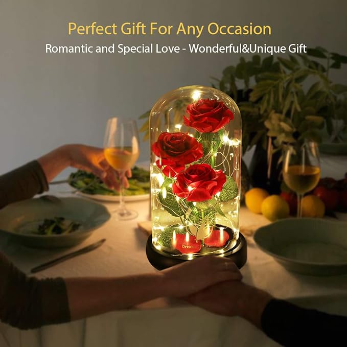 Dream of Flowers Mother Day Enchanted Red Gifts for Mom,Beauty and The Beast Rose in Glass Dome,Anniversary Rose Gifts for Wife,Birthday Gifts for Women,Romantic Red Silk Rose Flower Gifts for Women