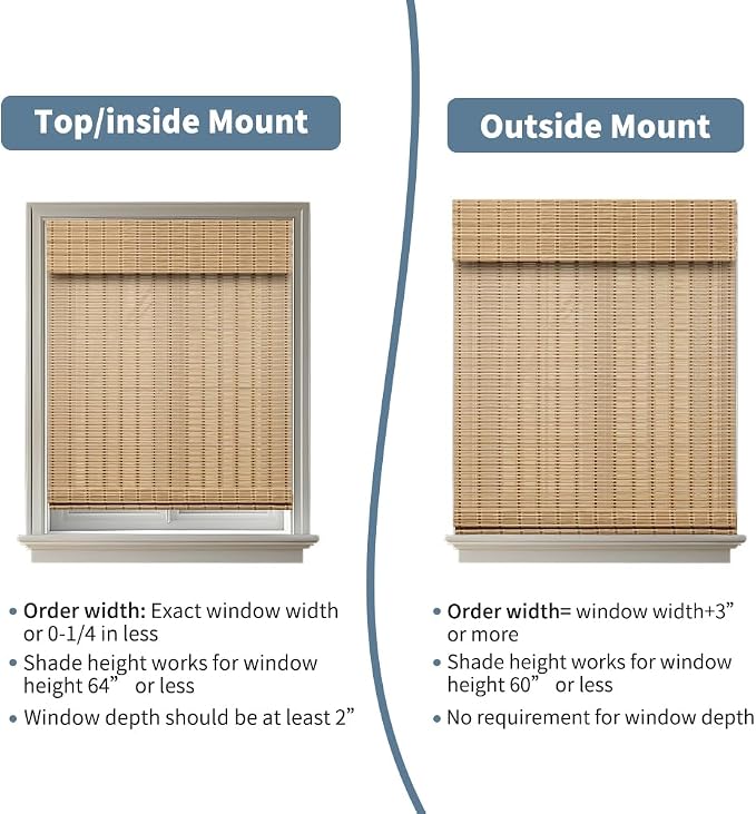 SMONTER Bamboo Roman Shades for Windows-Cordless Wooden Woven Blinds Light Filtering Bamboo Roll up Shades UV Protection and Easy Set up for Door and Countryhouse, 32" W x 64" H, Squirrel