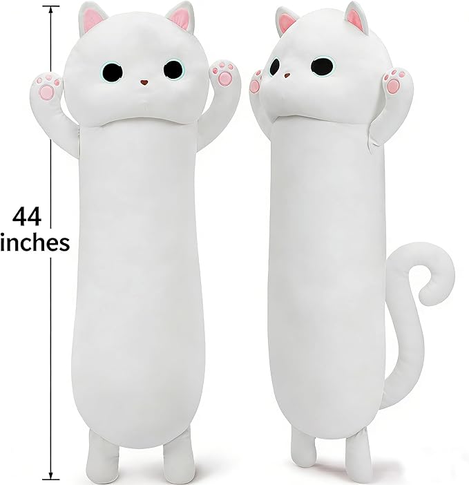 MaoGoLan Long Cat Plush Body Pillow, 44'' Giant White Glow in The Dark Cat Stuffed Animal Toy for Girl Boy Kid, Big Cute Kitty Plush Throw Pillow for Valentines Birthday Gift, Baby Shower Party Decor