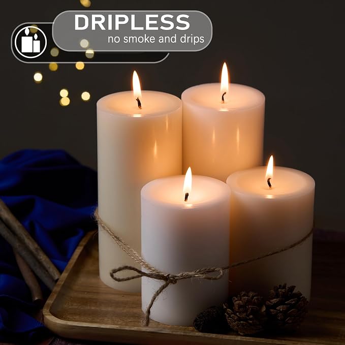 Unscented Ivory Pillar Candles, 6 Packs, 2.8x6 Inch, 75 Long Burning Time, Dripless and Smokeless Dinner Table Pillar Candles for Wedding, Spa, Aromatherapy, Party