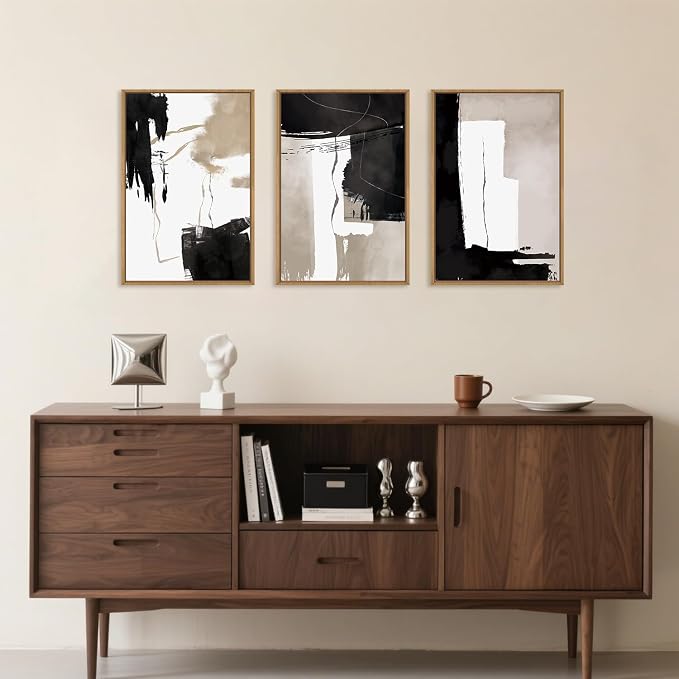 Black White Brown Framed Canvas Wall Art Set, Neutral Geometric Wall Decor, Modern Abstract Wall Painting, Minimalist Artworks for Living Room, Bedroom, Dining Room, Office-16 x24 x3