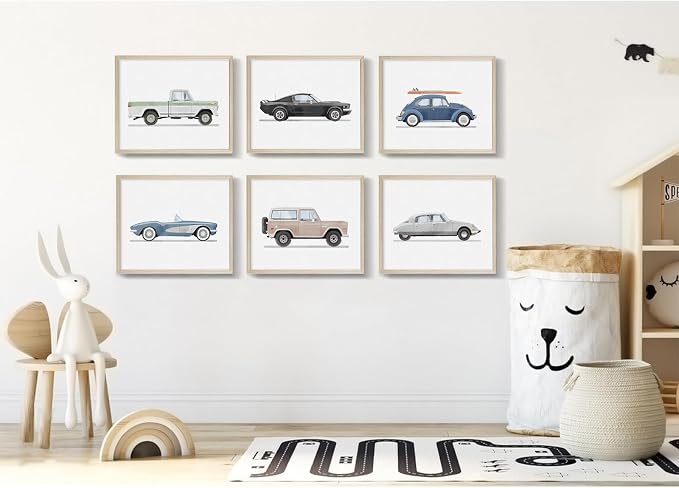 Blue Car Wall Art Decor Boys Room Wall Art Vintage Cars Canvas Poster Pictures Toddler Kids Room Prints Watercolor Vehicle Artwork Painting for Boys Bedroom Nursery 8x10 Inch Wood Framed Set of 6