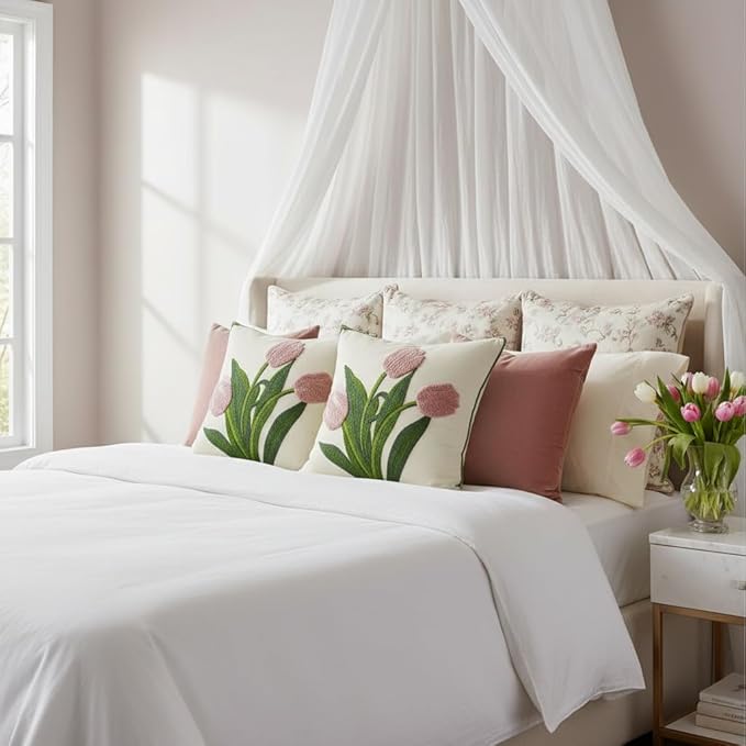 Pink Tulip Pillow Covers 16X16 Pack of 2 Spring Summer Embroidery Throw Pillow Covers Flower Pillowcases Accent Decor Cushion Cover Square Farmhouse Floral Decoration Pillow Cases