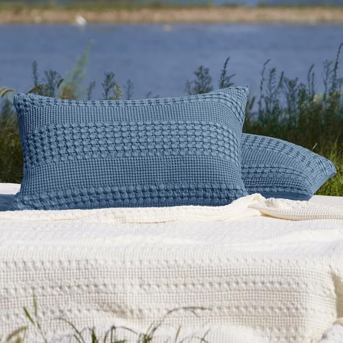 PHF 100% Cotton Waffle Pillow Shams King Size, 2 Pack 20" x 36" Soft Skin-Friendly Pillowcases, No Filling, Aesthetic Woven and Breathable Waffle Weave Pillow Case Covers for Bed, Denim Blue