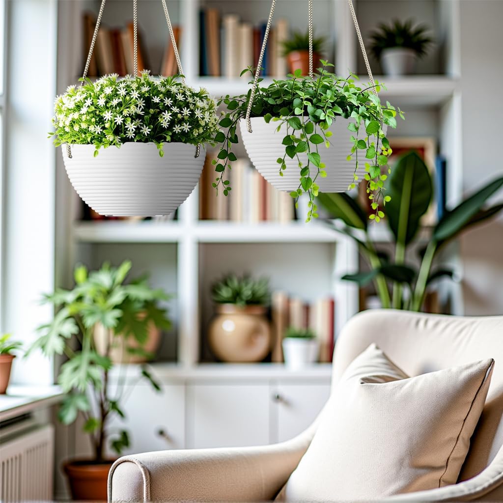 Line Pattern 10 Inch Hanging Planter for Indoor Outdoor Plants, 2 Pack Round Hanging Pots for Plants (White)