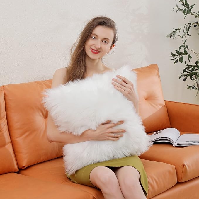 linmopm Excluding Insert Faux Fur Sheepskin Square Pillow Cover 2 Pcs White，18x18Inch+Super Soft Fluffy Faux Fur Sheepskin Rugs 2x6 ft Sheepskin, White