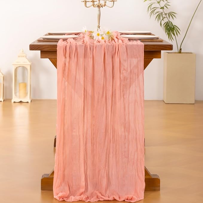 Socomi 2pcs Coral Peach Easter Spring Cheesecloth Table Runner Boho Rustic Gauze 120 inch 10FT Cheese Cloth Runner for Wedding Party Baby Shower Birthday Home Decor Holiday Decorations