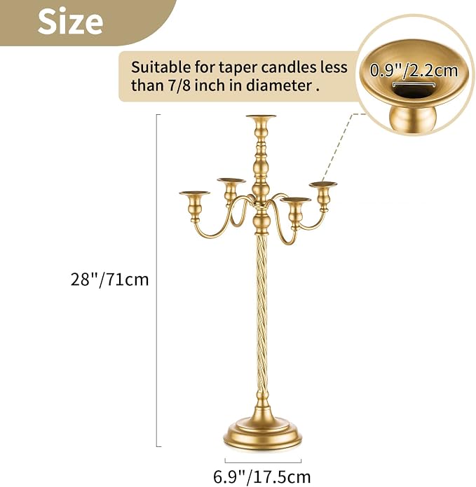 Nuptio Tall Candelabra Candle Holder 2 Pcs 28in Floor Candlestick Holders Taper Candle Holders Gold 5 Arm Candelabras Candle Stand Floral Centerpiece for Fireplace Wedding Birthday Reception Event