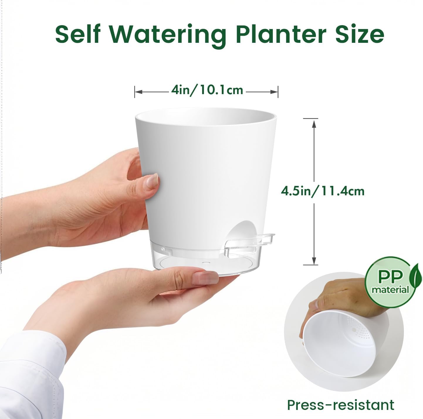 4 inch Self Watering Pots for Indoor Plants, 5 Pack Small Flower Plant Pots with Drainage Holes and Clear Reservoirs, Visible Water Level, Plastic Planters with Wicking Rope, White