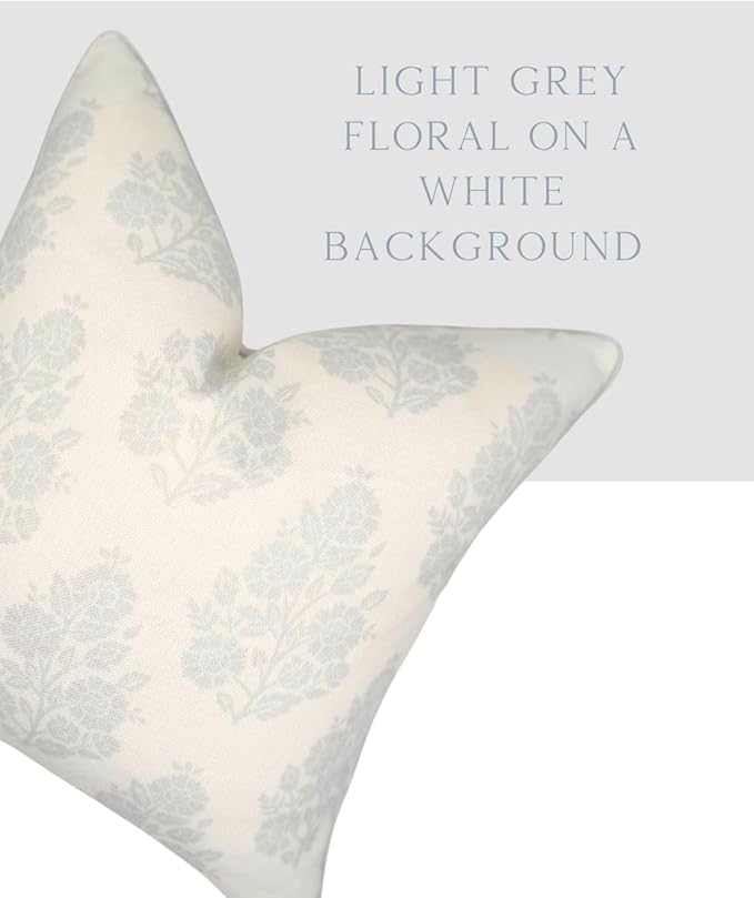Jillien Harbor “The Patty” Floral Block Print Pillow Cover – Neutral Gray Decorative Throw Pillow Cover with White Background – Grandmillennial Home Decor, 20" x 20"