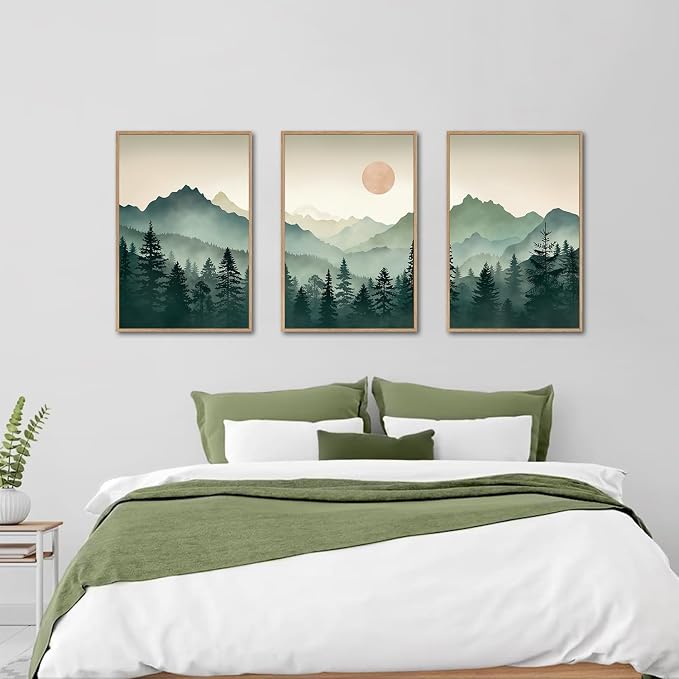 SIKERIC Sage Green Boho Mountain Wall Art, Large Modern Sunrise Framed Canvas Art Prints Set of 3, Nature Landscape Wall Decor, Watercolor Misty Forest Wall Paintings for Living Room, Bedroom- 24X36in