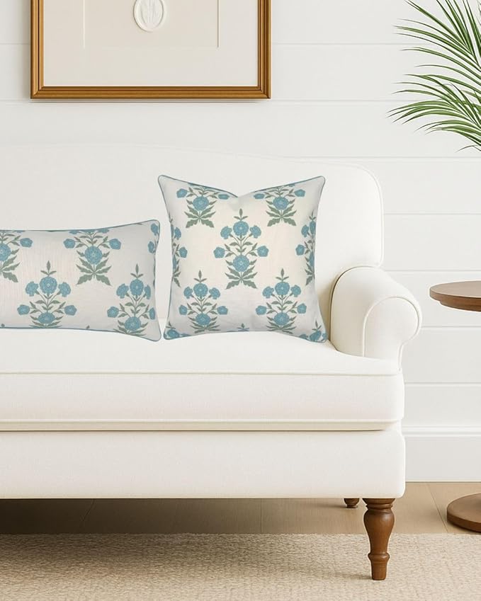 Jillien Harbor Amelia Lumbar 14" x 36" Floral Throw Pillow Cover Blockprint Grandmillennial Home Decor