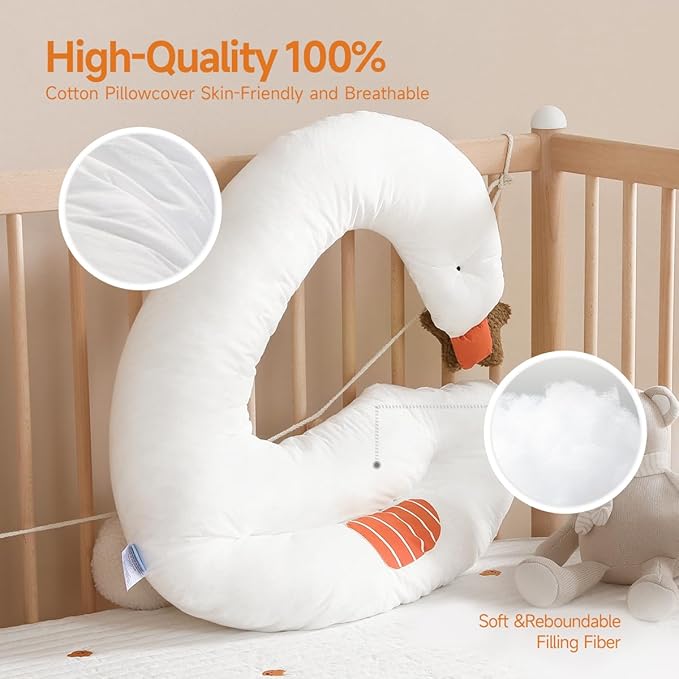 Choc chick Curve Long Kids Body Pillow,36X27inches Swans Shape Soft Child Hug Sleep Toddler Pillow,Hand Washable 100% Organic Cotton Pillowcase Toddler Pillows for Sleeping