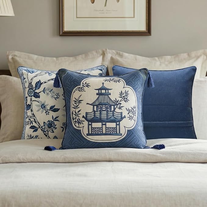 bilin gaier Designer Linen Throw Pillow Covers,18"x18" Set of 2-Suqing B | Chinoiserie Elegant Square Blue Pillow Cover,Concealed Zipper Design,Sofas,Bedroom,Living Room,Dining,Lounge Chairs