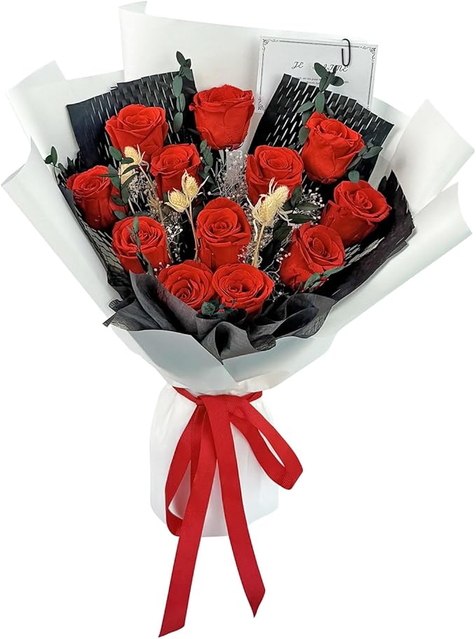 Qutawua Preserved Flower Eternal Rose Bouquet,12 Forever Flowers in Gift Box,Romantic Gift for Women,Valentine's,Mother's Day Gift(Red, 12 Rose)