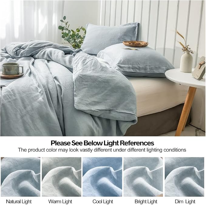 Simple&Opulence 100% Linen Duvet Cover Set 3pcs Basic Style Natural French Washed Flax Solid Color Soft Breathable Farmhouse Bedding with Button Closure - Dusty Blue, California King